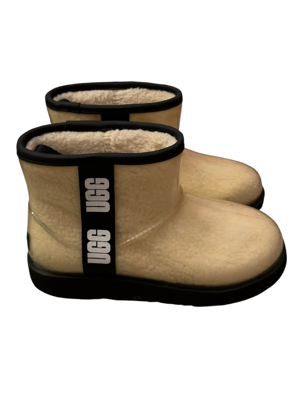 UGG Kids Short Shearling Rain Boots in Clear Cream with Black Trim